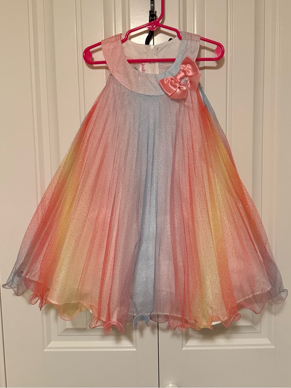 Girls Rainbow Tulle Party Dress with Pink Bow - Size 4